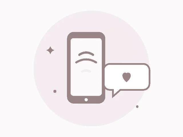 Illustration : un téléphone et une bulle de dialogue avec un petit cœur, dans les couleurs du site.
